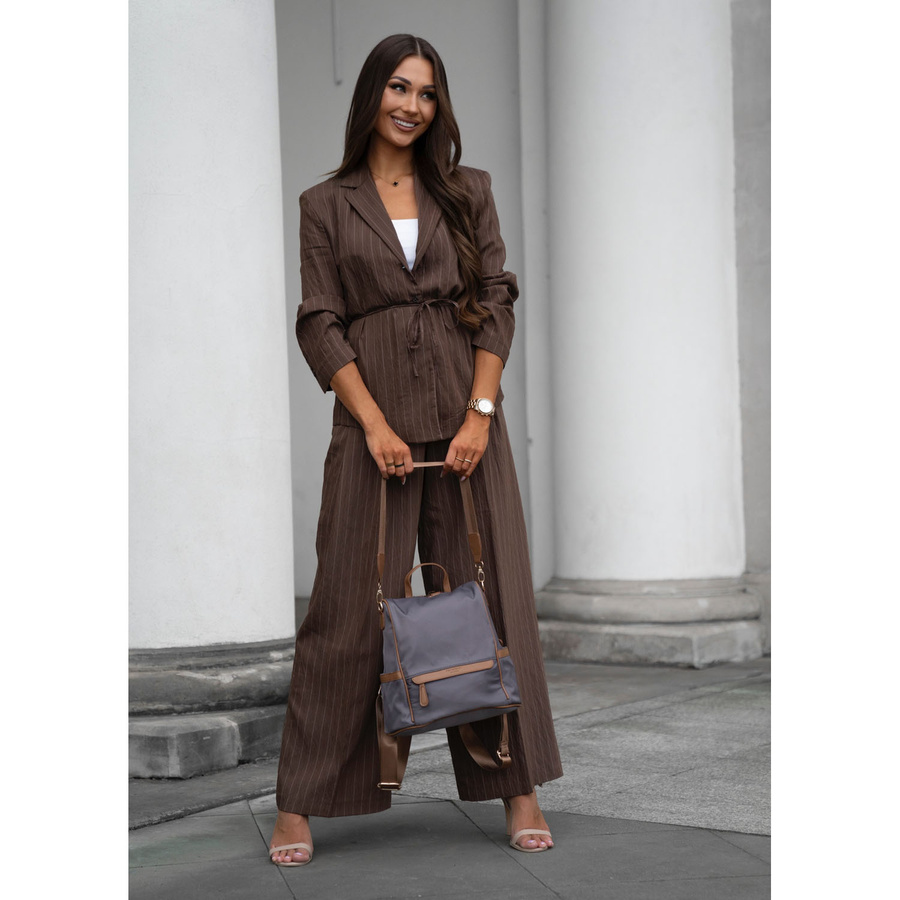 Szary plecak damski z nylonu i skóry ekologicznej z doczepianym paskiem, jednokomorowy - Peterson