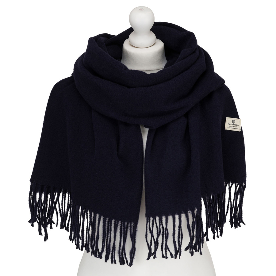 Granatowy, elegancki szalik damski z poliestru z frędzlami - Peterson