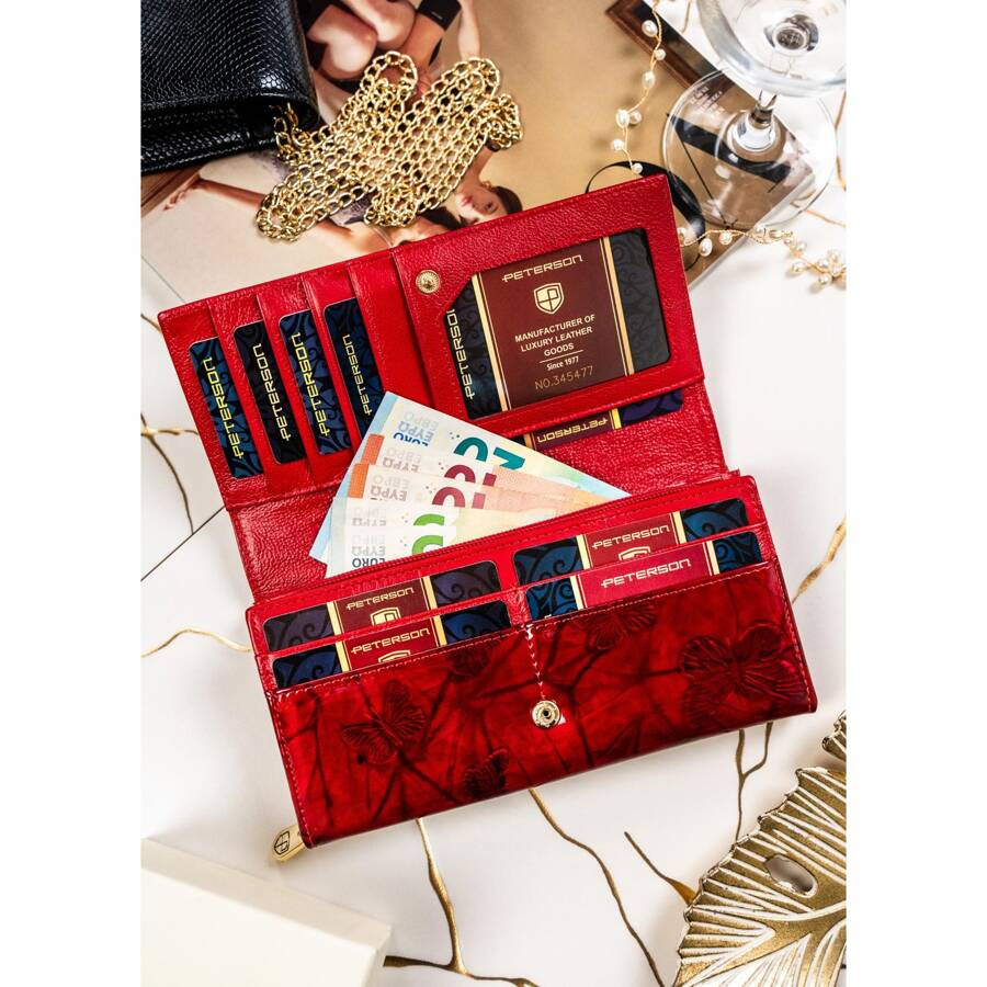 Czerwony lakierowany portfel damski w motyle na karty - Peterson
