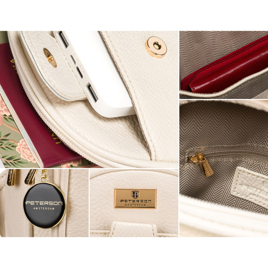 Beżowa saszetka damska z szerokim materiałowym paskiem crossbody plecak na jedno ramię eko skóra Peterson