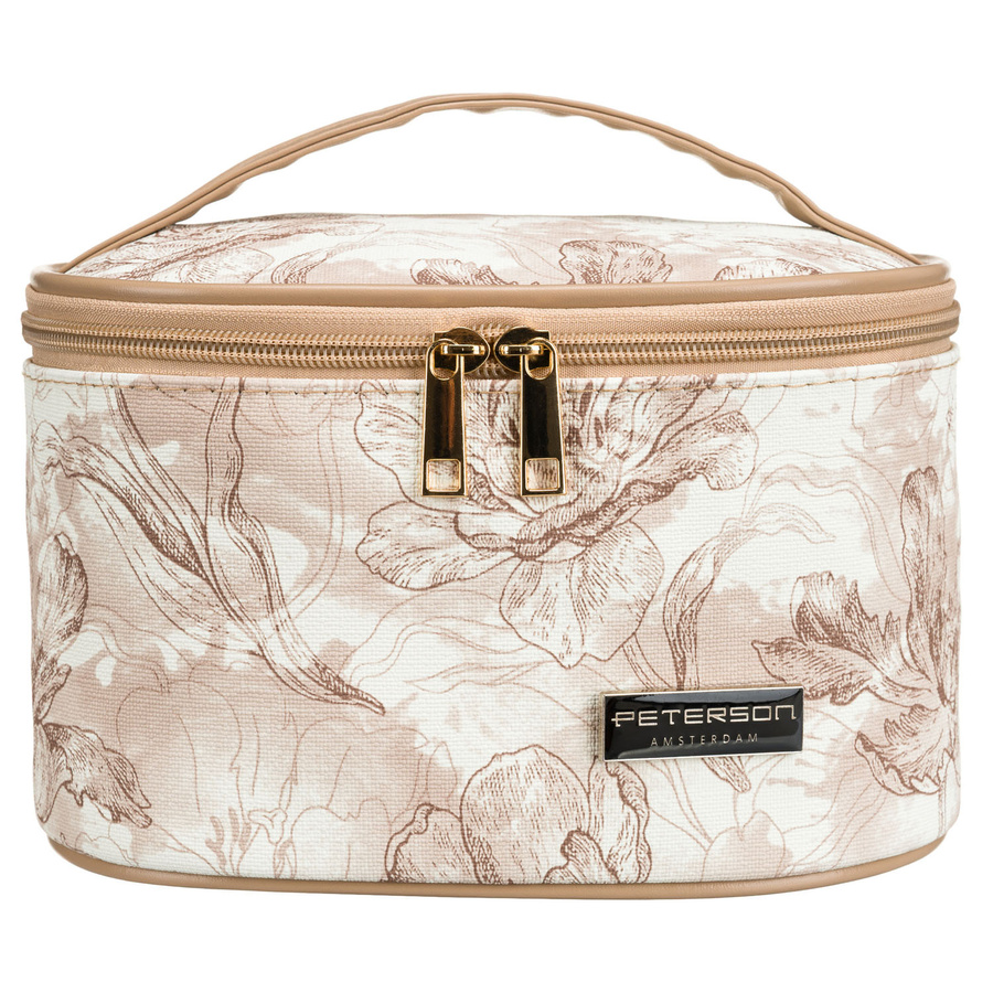 Lekka, beżowa kosmetyczka-kuferek na kosmetyki pokryta roślinnym wzorem - Peterson