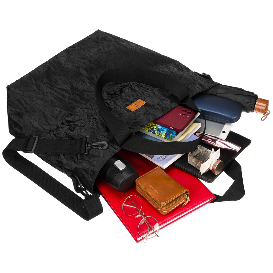 Duża torba damska w czarnym kolorze z marmurkowym wzorem, zapinana suwakiem - Rovicky