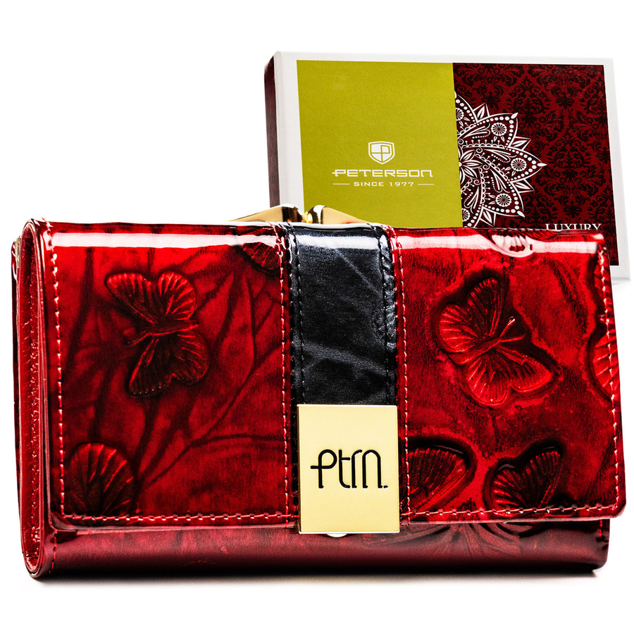 Czerwony portfel damski z lakierowanej skóry naturalnej z ozdobnym tłoczeniem - Peterson