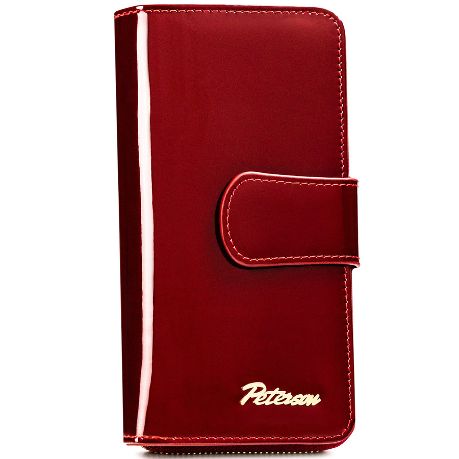 Lakierowany, pionowy skórzany portfel damski w czerwonym kolorze - Peterson