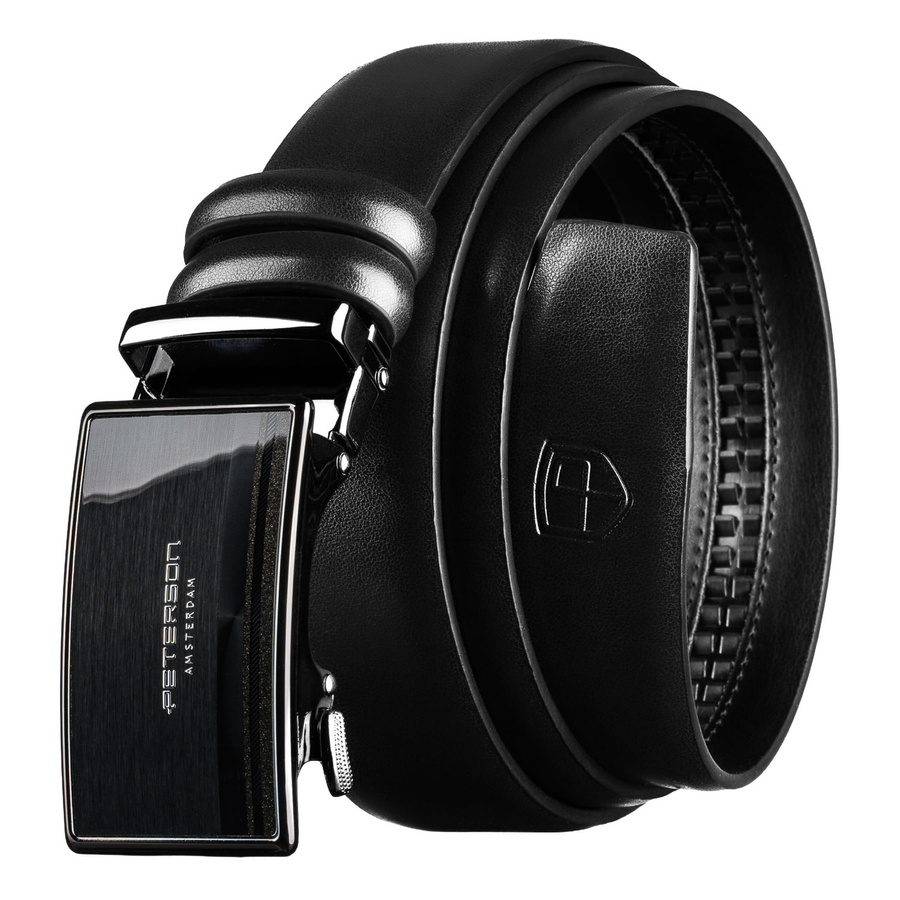 Skórzany pasek męski w czarnym kolorze z automatyczną klamrą - Peterson