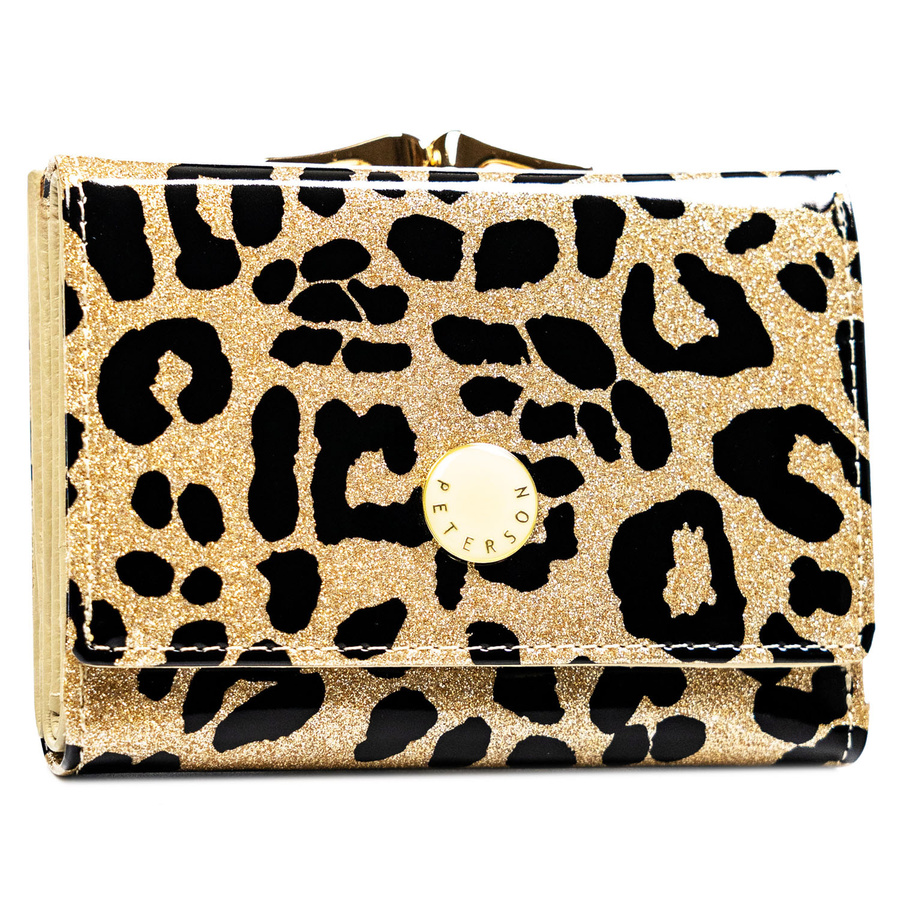 Złoty portfel damski ze skóry ekologicznej i naturalnej w cętki, zamykany biglem i zatrzaskiem - Peterson