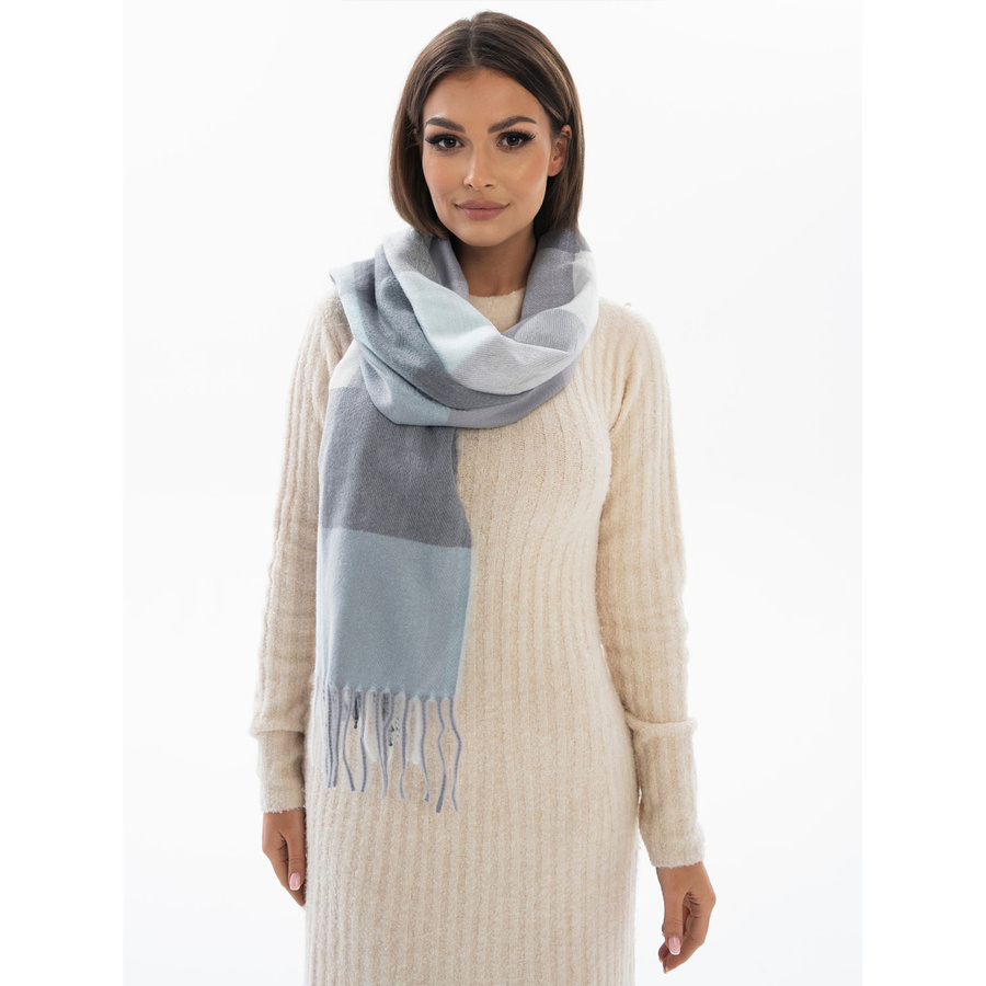 Dwustronny, niebieski szal damski z poliestru ozdobiony frędzlami - Rovicky