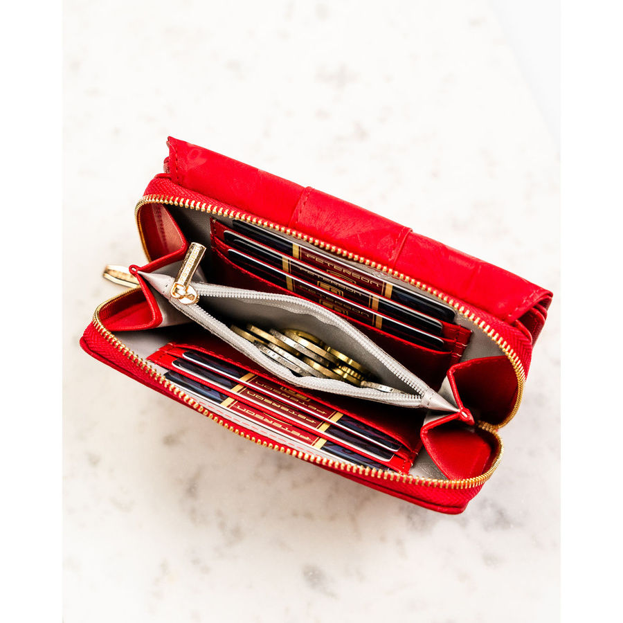 Portfel damski wykonany ze skóry ekologicznej w czerwonym kolorze w delikatne kwiaty - Peterson