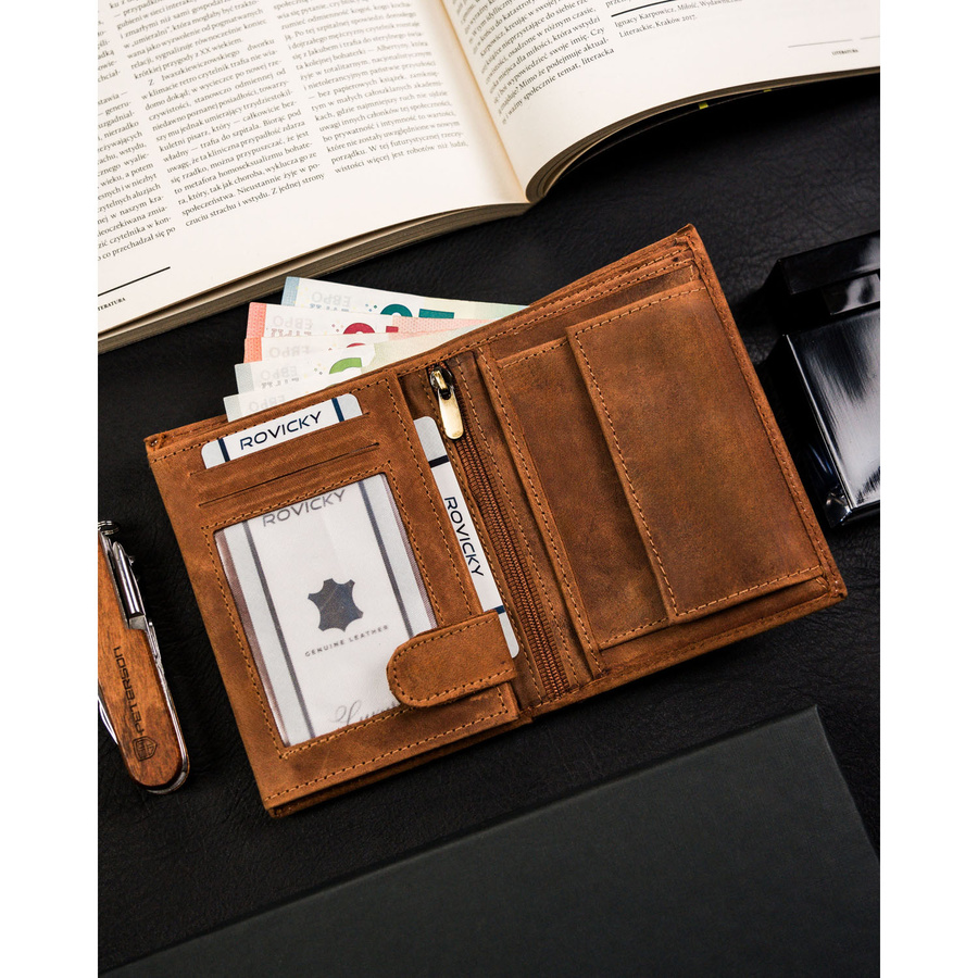 Skórzany portfel męski w kolorze brązowym bez zapięcia z tłoczeniem w kształcie psa