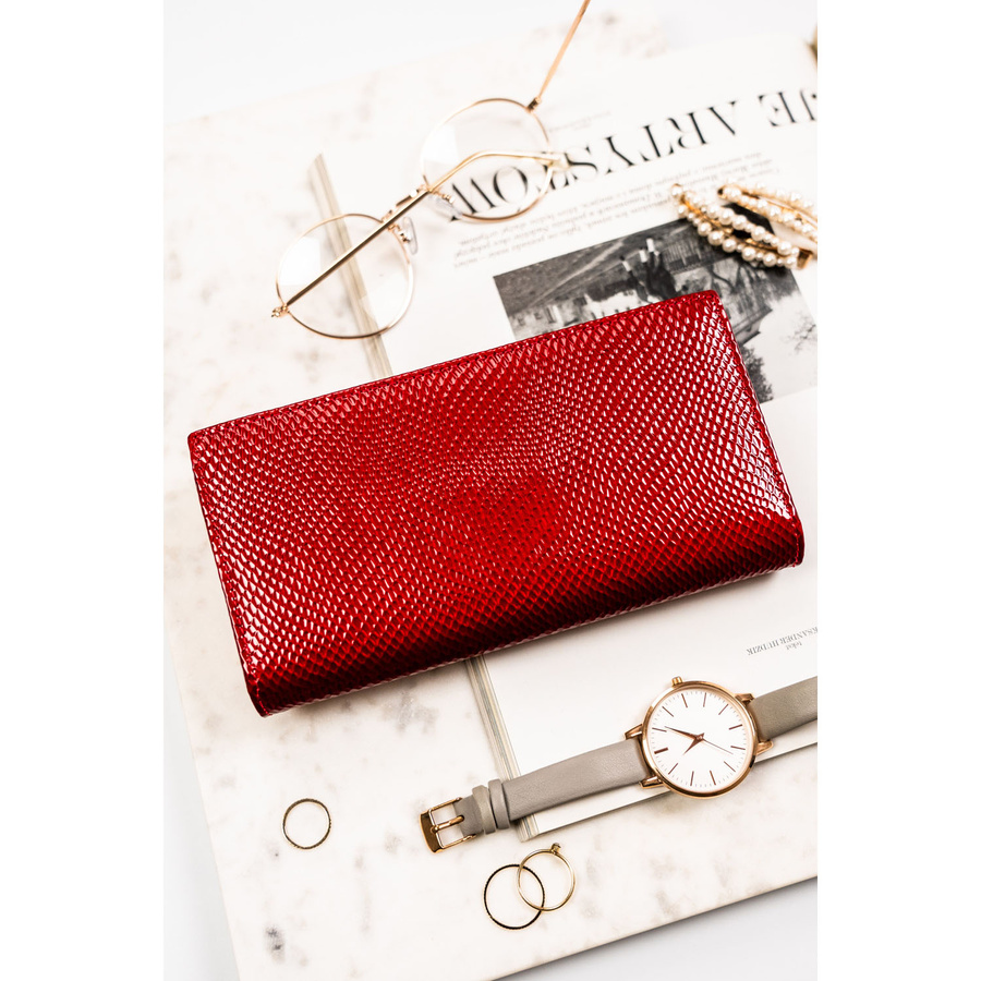 Skórzany, czerwony portfel damski na magnes i zamek z systemem RFID - Peterson