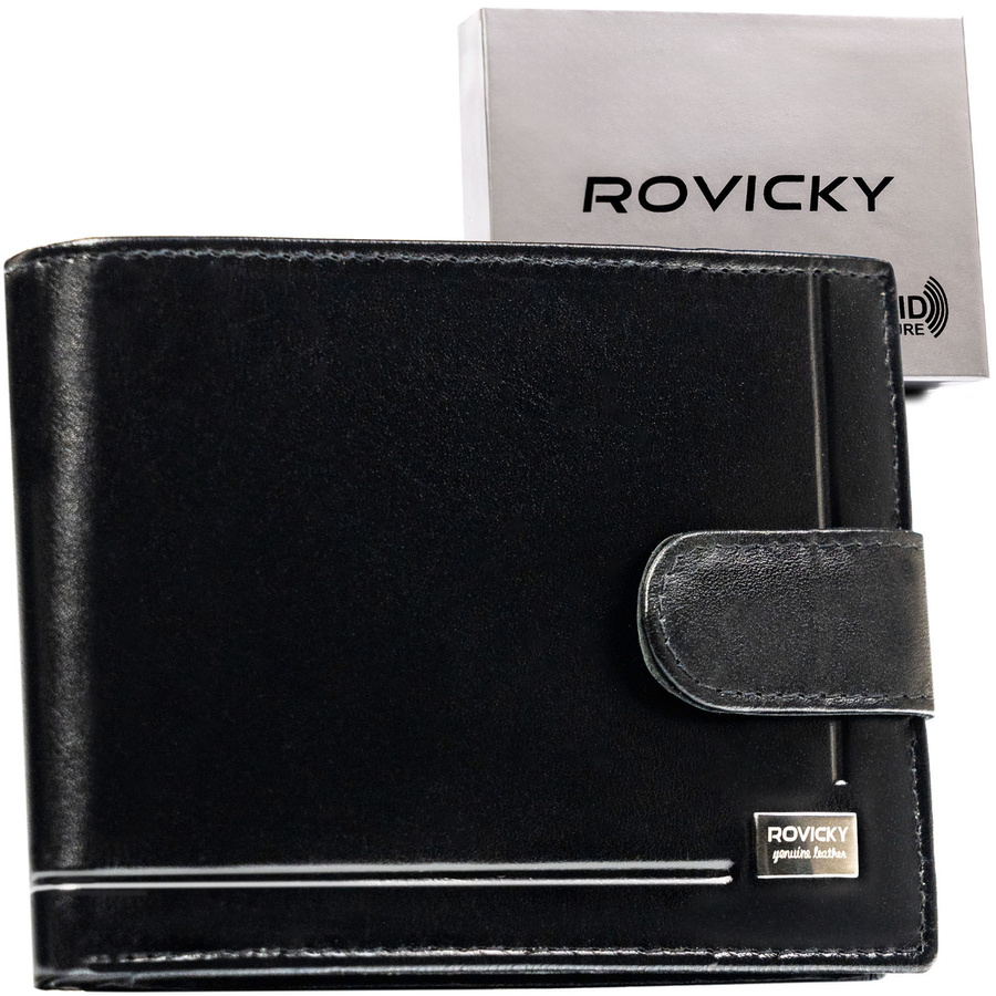 Portfel męski ze skóry naturalnej w czarnym kolorze zamykany zatrzaskiem - Rovicky