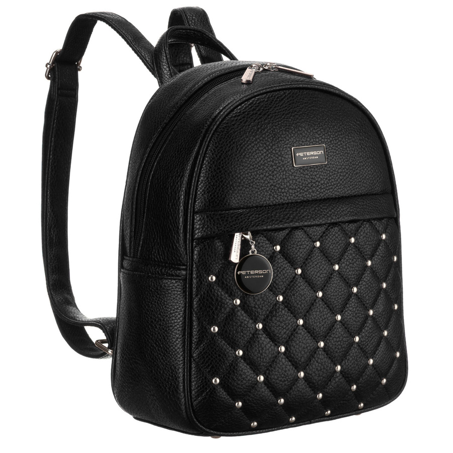 Elegancki czarny mały plecak damski zdobiony pikowaniem i srebrnymi nitami eko skóra Peterson