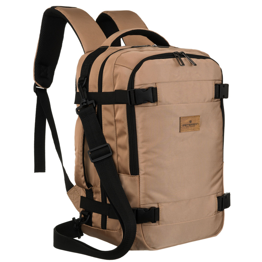 Plecak podróżny z poliestru w beżowym kolorze, zawieszony na oddychających szelkach - Peterson