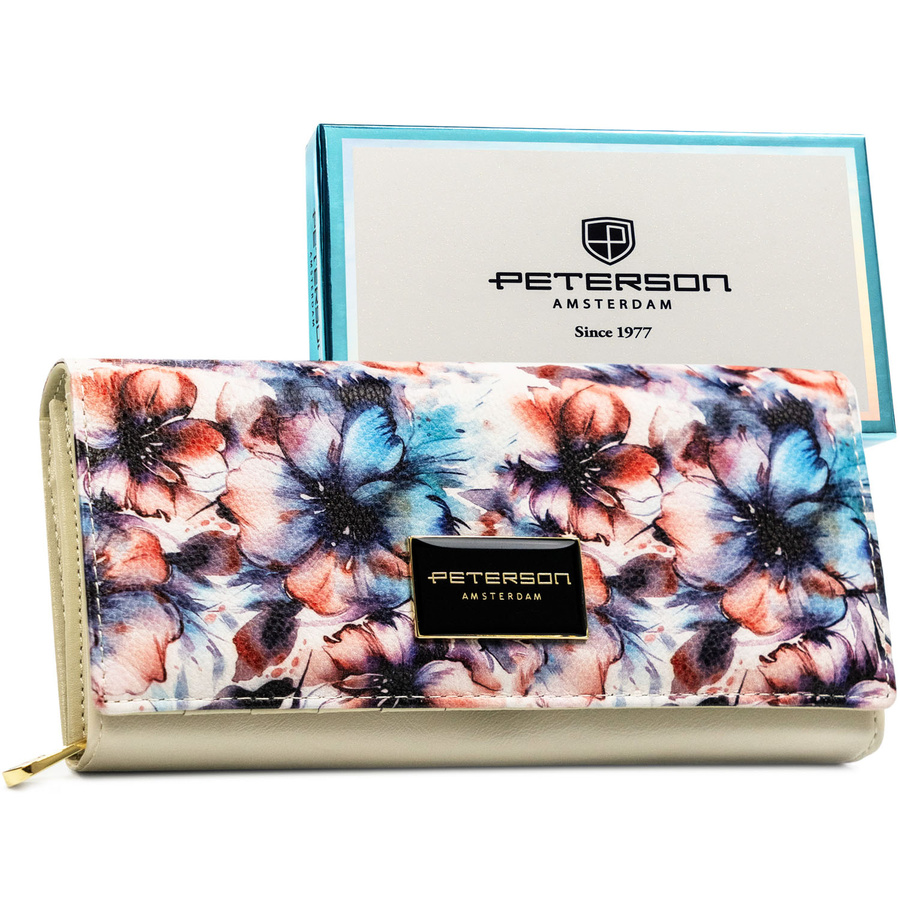 Duży portfel damski w kwiaty wykonany ze skóry naturalnej i ekologicznej, zamykany zatrzaskiem - Peterson