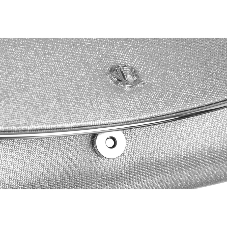 Srebrna kopertówka damska z tkaniny syntetycznej zawieszona na eleganckim łańcuszku - Rovicky