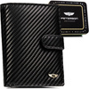 Pionowy portfel męski ze skóry naturalnej w czarnym kolorze wyposażony w system RFID, w zestawie z brelokiem - Peterson