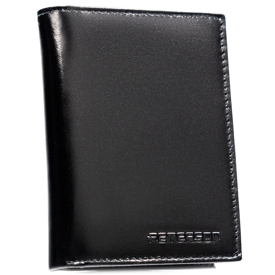 Duży, czarny portfel męski ze skóry naturalnej bez zapięcia zewnętrznego - Peterson