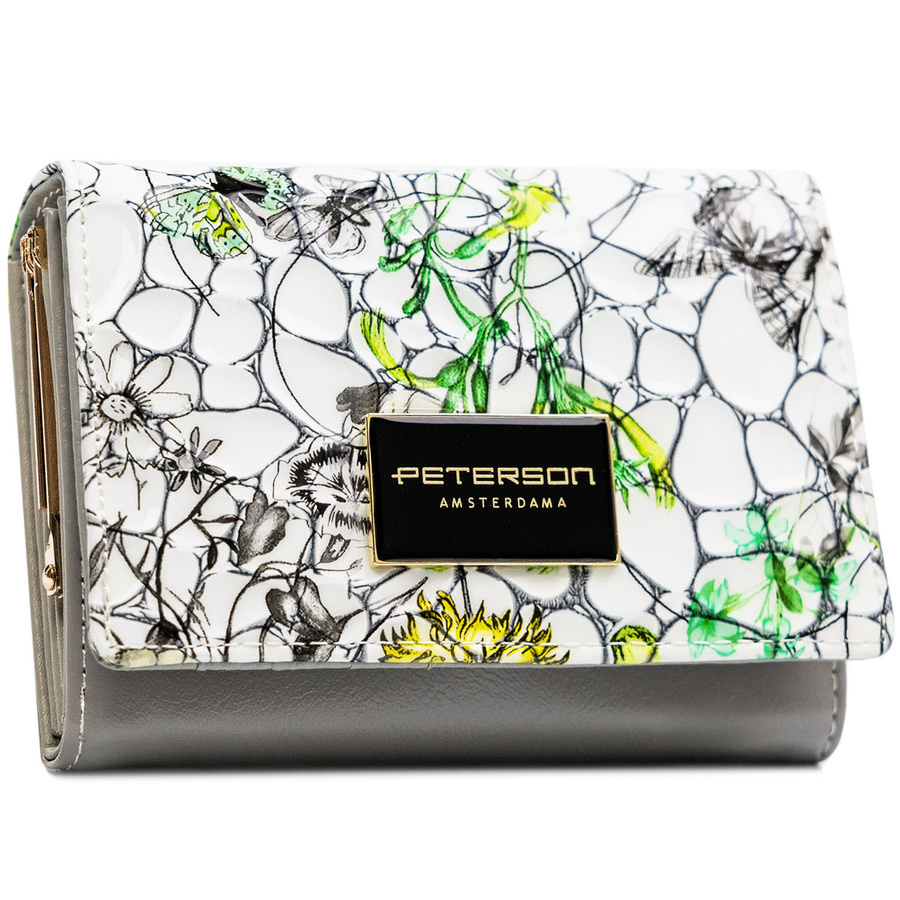 Zielony portfel damski ze skóry naturalnej z systemem RFID ozdobiony kwiatowym wzorem - Peterson