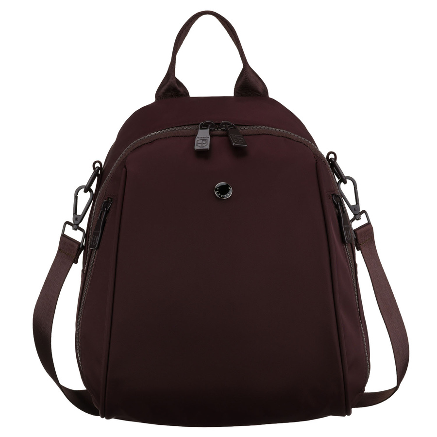 Mały, bordowy plecak damski wykonany z poliestru, wyposażony w dodatkowy pasek - Peterson
