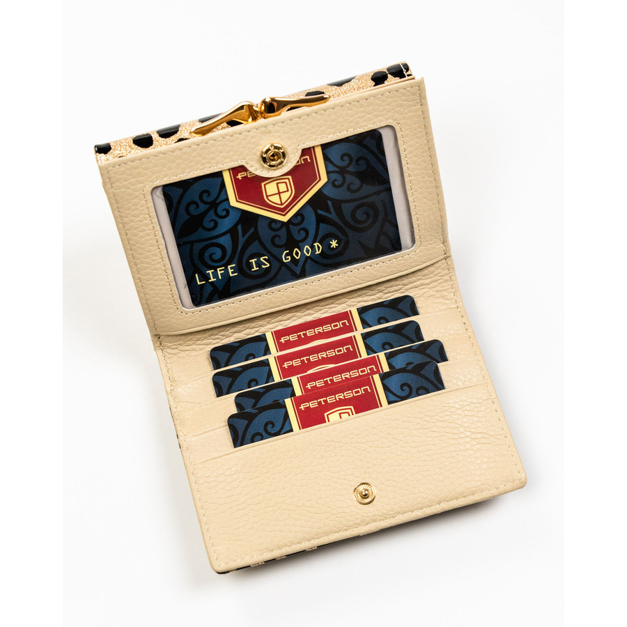 Złoty portfel damski ze skóry ekologicznej i naturalnej w cętki, zamykany biglem i zatrzaskiem - Peterson