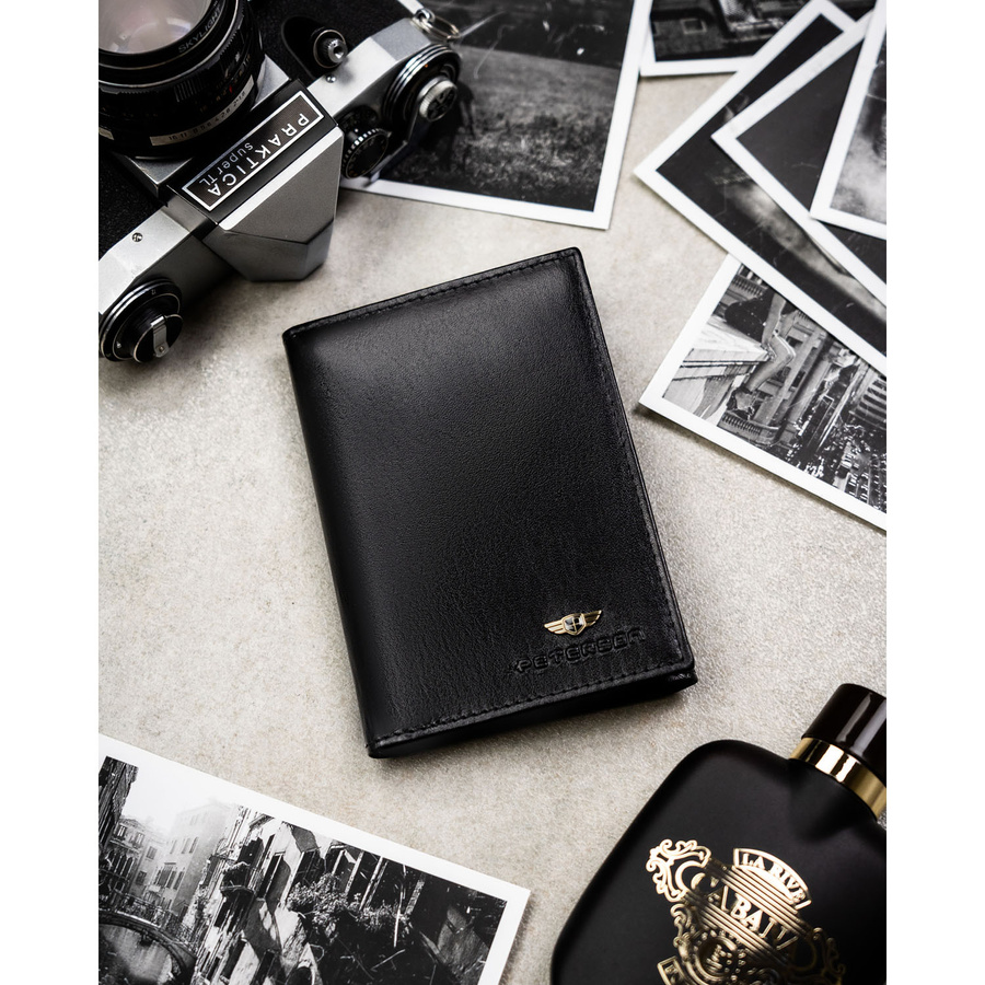 Skórzane, duże etui w czarnym kolorze przeznaczone na dokumenty i karty - Peterson