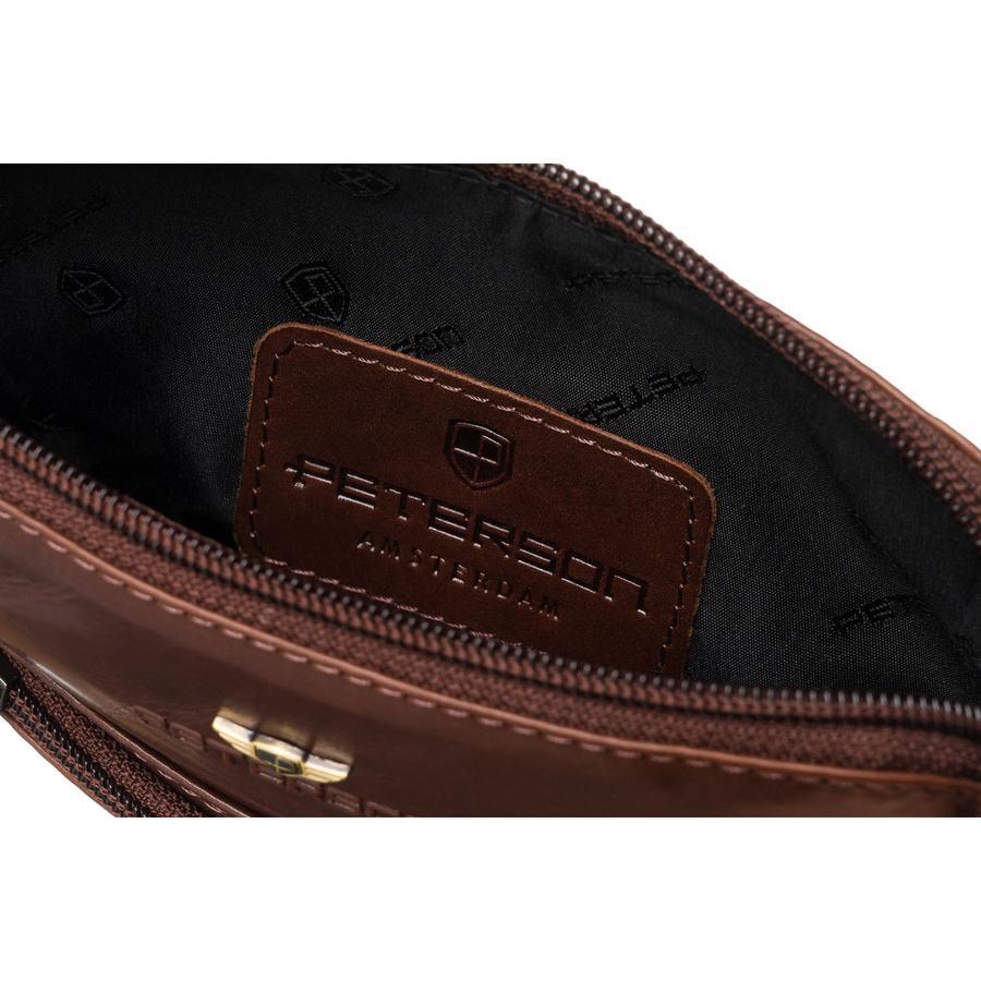 Brązowa, męska listonoszka ze skóry naturalnej zamykana suwakiem - Peterson