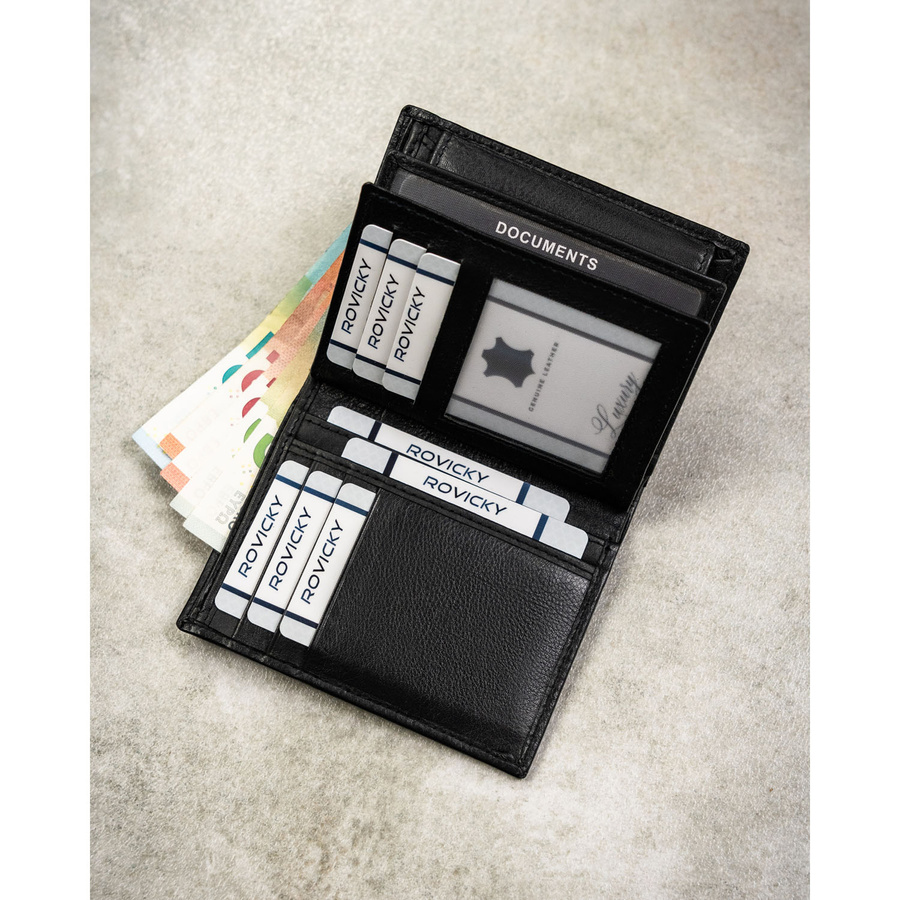 Czarny portfel męski ze skóry naturalnej mieszczący dowód rejestracyjny - Rovicky