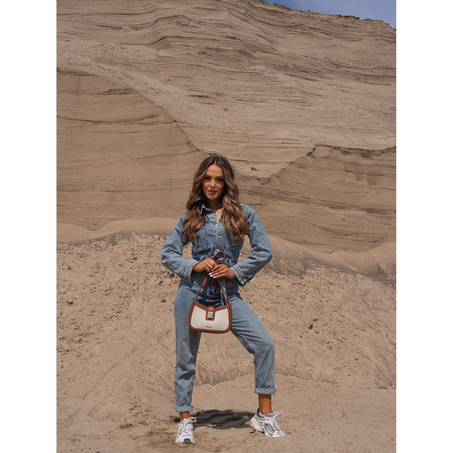 Beżowo-brązowa listonoszka damska ze skóry naturalnej i płótna poliamidowego - Peterson