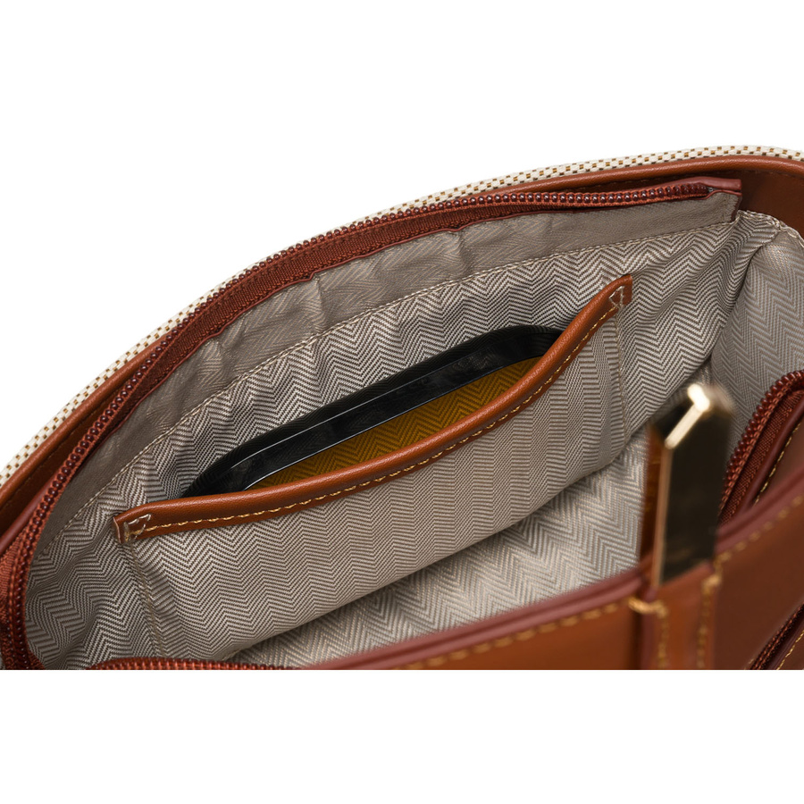 Półokrągła beżowo - brązowa listonoszka damska ze skóry naturalnej i płótna canvas Peterson