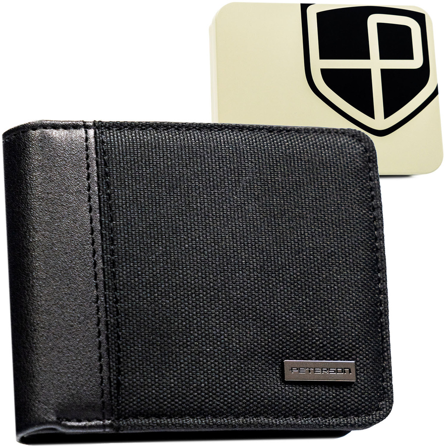 Czarny, kompaktowy portfel męski wykonany ze skóry ekologicznej - Peterson