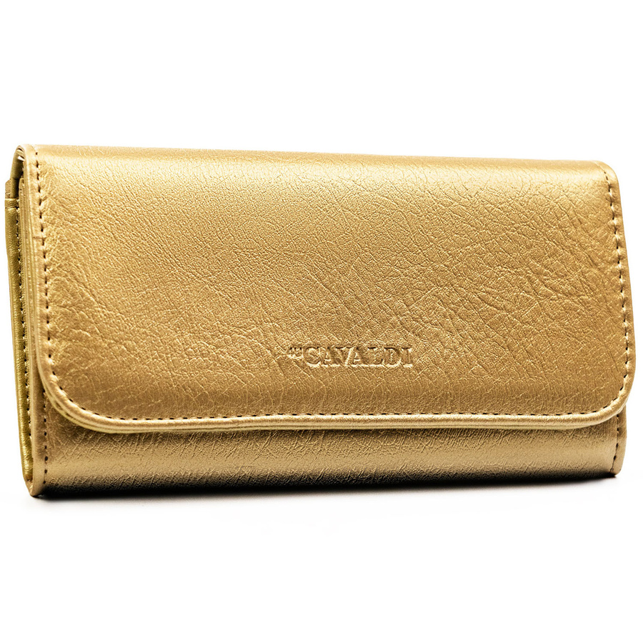 Duży portfel damski ze skóry ekologicznej w złotym kolorze, zamykany zatrzaskiem - 4U Cavaldi