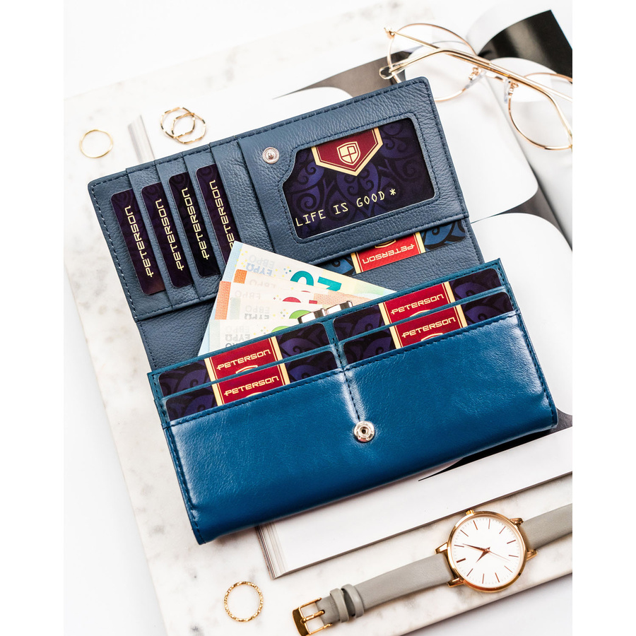 Duży, poziomy portfel damski ze skóry naturalnej i ekologicznej w granatowym kolorze - Peterson