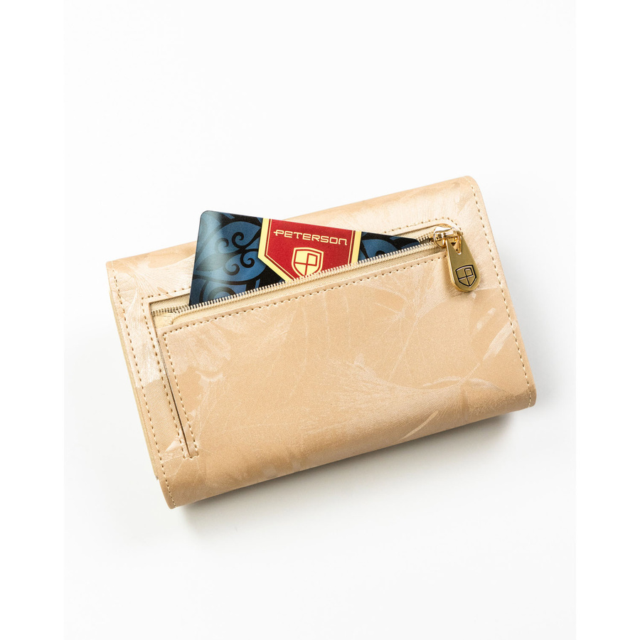 Duży portfel damski ze skóry naturalnej i ekologicznej w beżowym kolorze z zewnętrzną kieszenią - Peterson