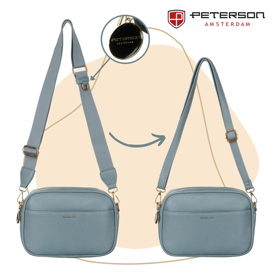 Niebieska listonoszka damska crossbody z wąskim i szerokim paskiem na ramię eko skóra Peterson