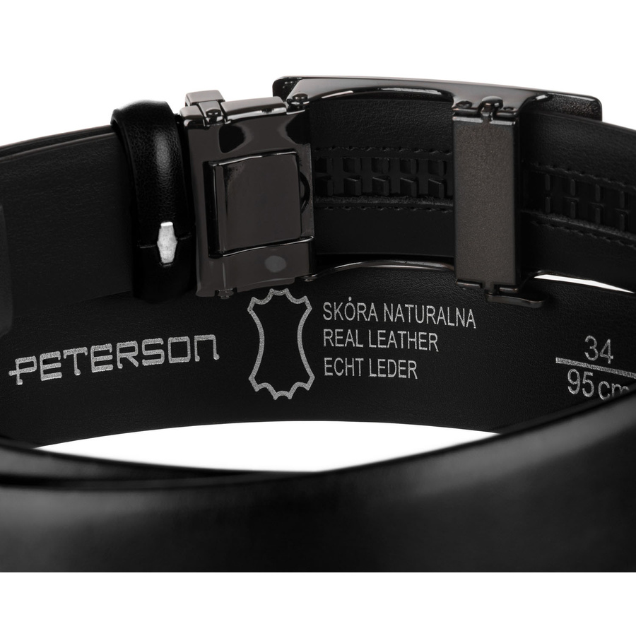 Skórzany pasek męski w czarnym kolorze z automatyczną klamrą - Peterson