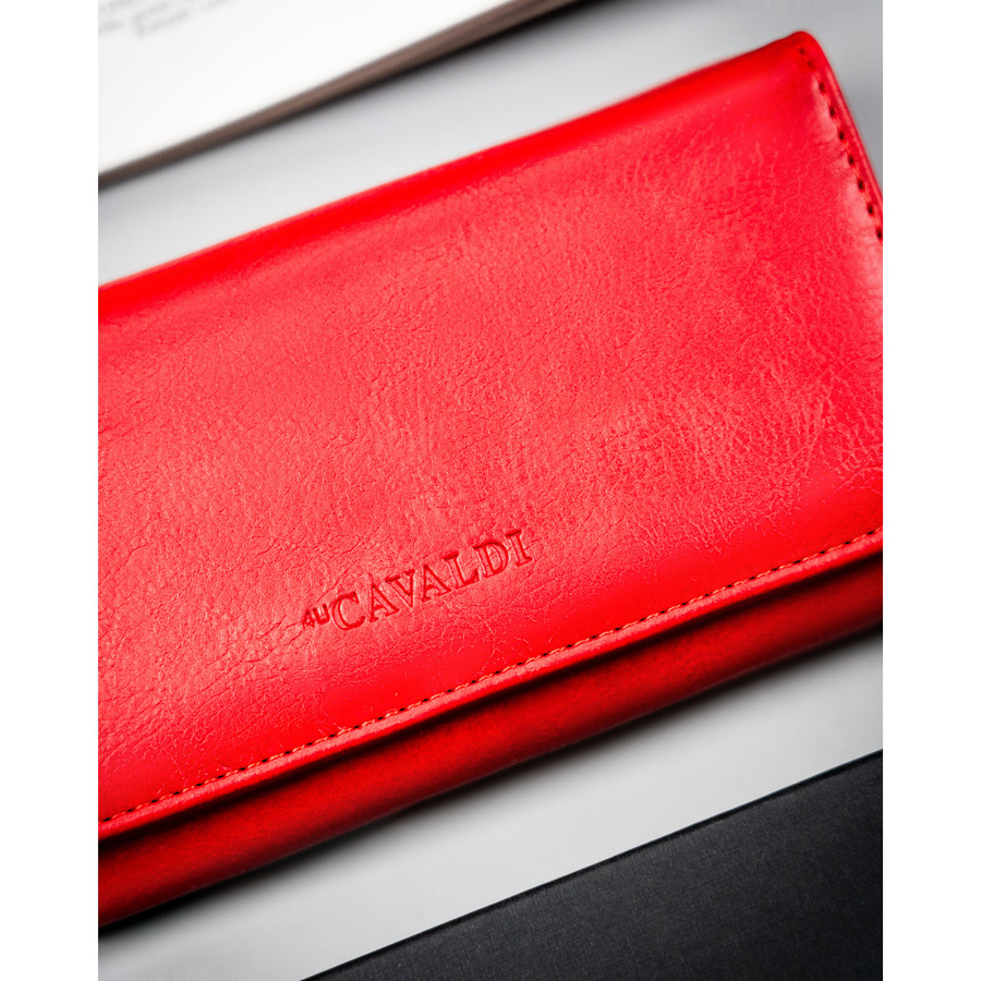 Czerwony, duży portfel damski ze skóry ekologicznej zamykany zatrzaskiem - 4U Cavaldi