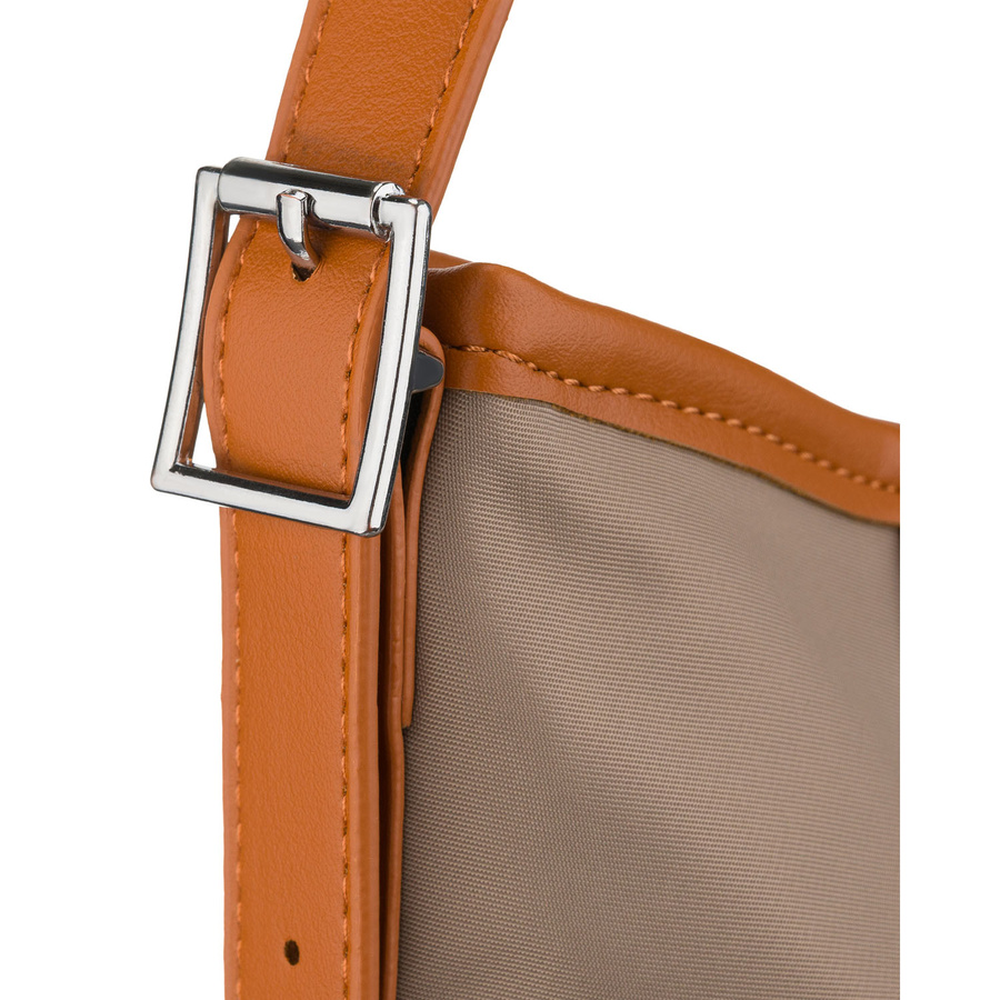 Beżowa listonoszka damska z poliestru i skóry ekologicznej wyposażona w kieszonkę zewnętrzną - Peterson