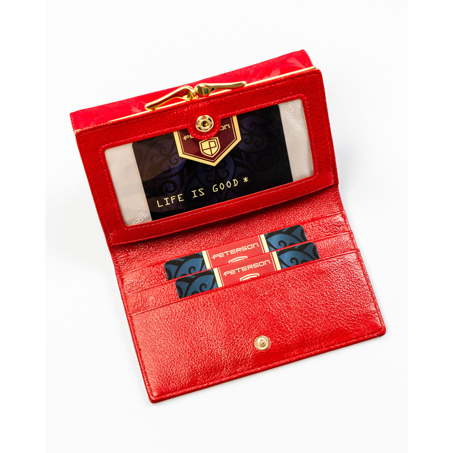 Poziomy, czerwony portfel damski ze skóry naturalnej i ekologicznej w roślinny wzór - Peterson