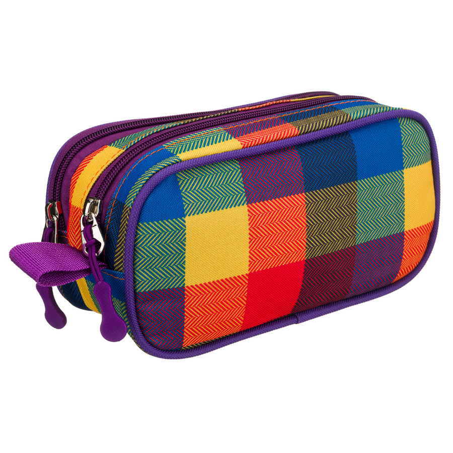 Piórnik szkolny z poliestru w kratę, dwukomorowy zamykany suwakami - Peterson