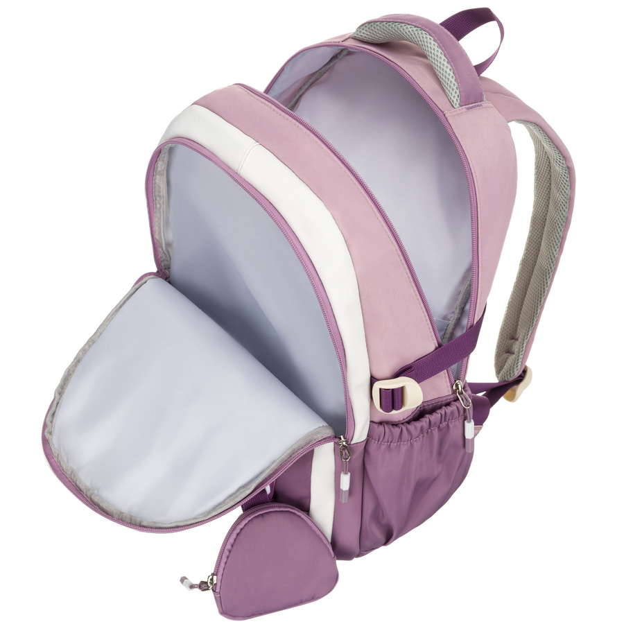 Miękki plecak szkolny z poliestru w białofioletowym kolorze, zawieszony na regulowanych szelkach - Peterson