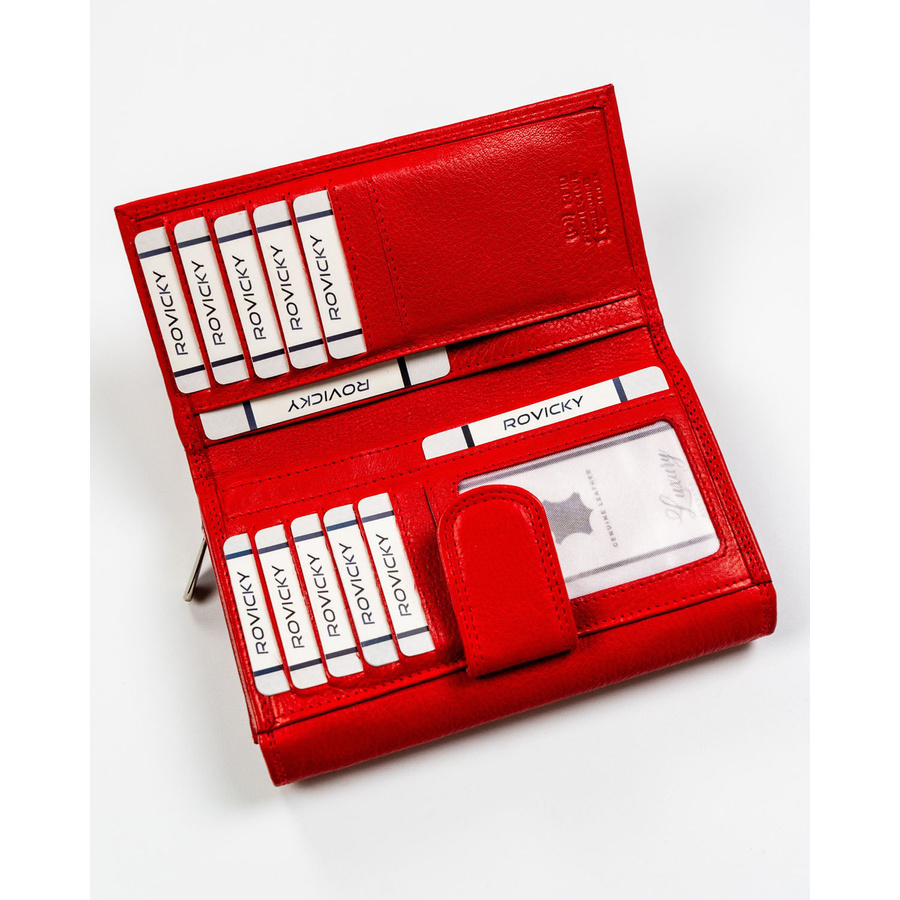 Duży skórzany portfel damski w czerwonym kolorze z wewnętrzną kieszonką na suwak - Rovicky