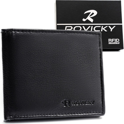 Mały, czarny portfel męski ze skóry naturalnej wyposażony w system RFID - Rovicky