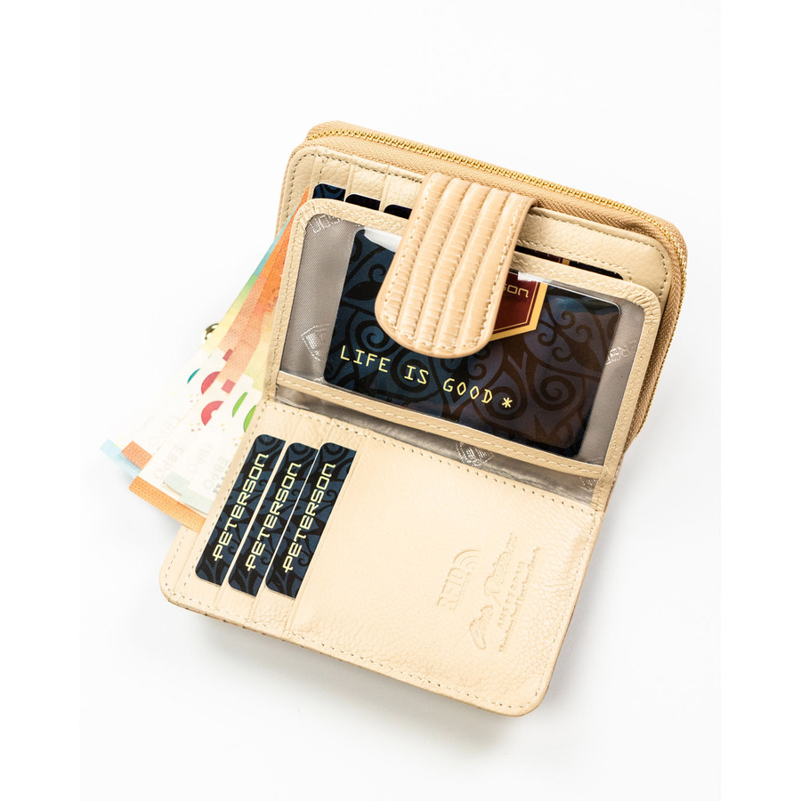 Portfel z ozdobną plecionką w beżowym kolorze, wykonany ze skóry naturalnej i ekologicznej - Peterson