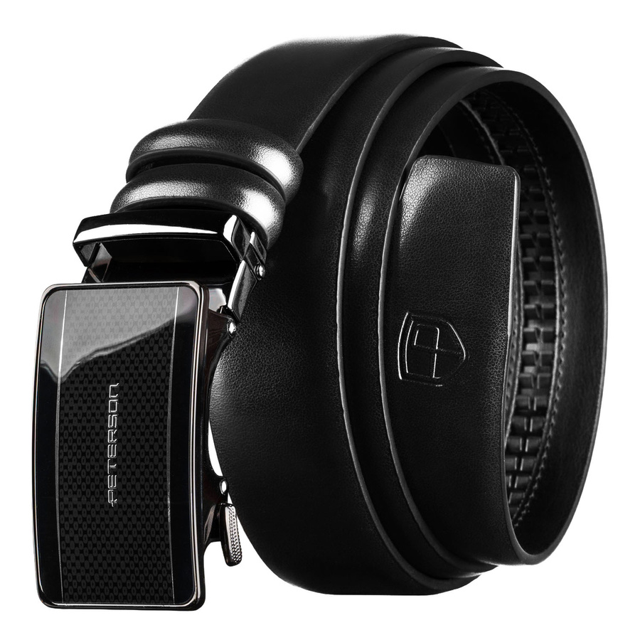 Czarny pasek męski z automatyczną klamrą wykonany ze skóry naturalnej - Peterson