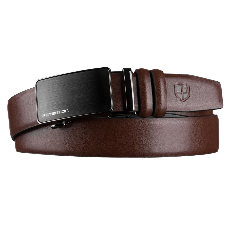 Pasek męski z automatyczną klamrą wykonany ze skóry naturalnej w brązowym kolorze - Peterson