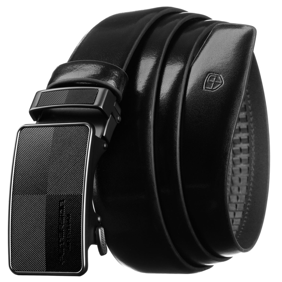 Czarny pasek męski ze skóry naturalnej z automatyczną, czarną klamrą - Peterson