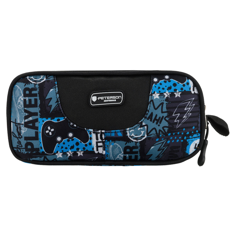 Szkolny piórnik  z poliestru zapinany suwakami, pokryty gamingowym wzorem - Peterson