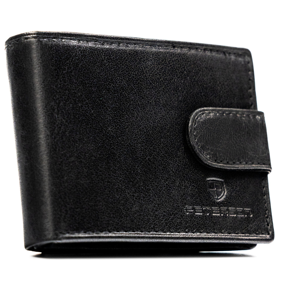 Skórzany, czarny portfel męski zamykany na zatrzask, wyposażony w system RFID - Peterson