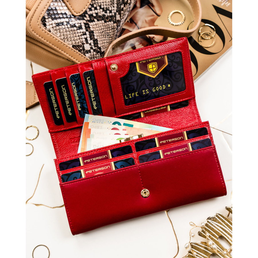 Czerwony portfel damski ze skóry naturalnej i ekologicznej zamykany zatrzaskiem - Peterson