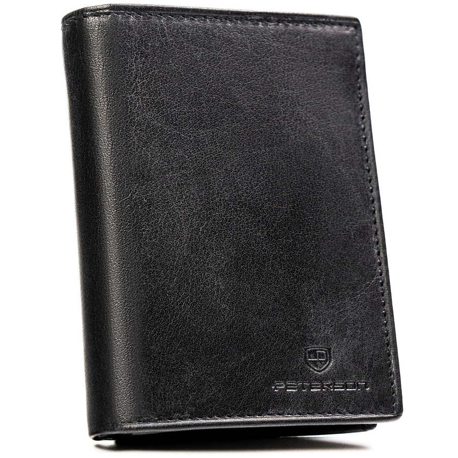 Elegancki, skórzany portfel męski w czarnym kolorze bez zapięcia zewnętrznego - Peterson